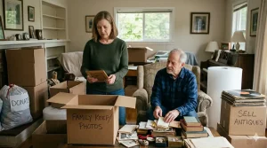 A middle-aged man and woman in a lived-in living room respectfully sorting through sentimental items, old books, and photos into cardboard boxes marked "Family Keep/Photos," "Donate," and "Sell Antiques" during an estate cleanout.
