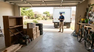 A clean residential garage in Lubbock with organized boxes labeled for pickup and a Junk Lubbock professional standing by a removal truck in the driveway.