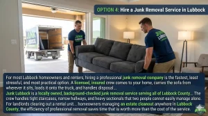 Two professional Junk Lubbock team members in branded uniforms carefully lifting a heavy grey sectional sofa out of a Lubbock home toward a removal truck.