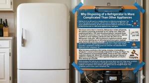 A white vintage refrigerator with a clipboard taped to it using blue tape.