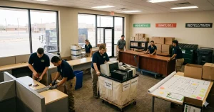 A professional commercial junk removal team organizing a smooth office cleanout in Lubbock, sorting items into move, donate, and electronic waste categories based on a floor plan inventory audit.